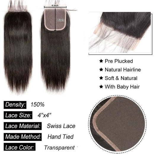 Straight  6X6 Lace Closure Human Hair Transparent 