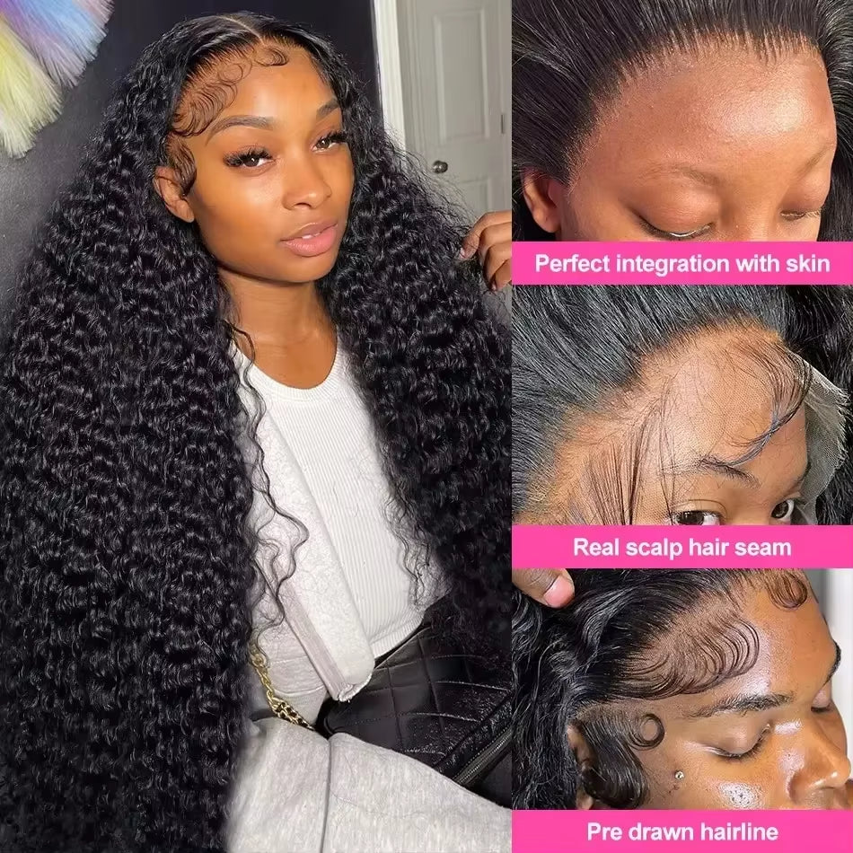 40 46 Inch Natural Color Deep Wave 13X4 13X6 HD Transparent Full Frontal Lace Curly Brazilian Human Hair Water Wigs 200 Density